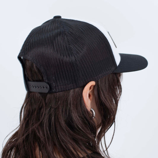 I'D RATHER BE EATING BASS TRUCKER CAP, back view on a model showing the black mesh and adjustable strap