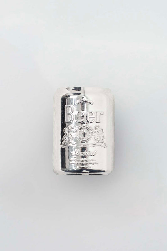 IMPORTED BEER CAN RING on white, front: polished silver can with embossed "Beer" label, crest and "Special" script