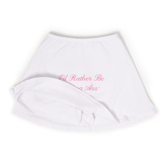 I'D RATHER BE EATING ASS CURSIVE MINI SKORT laid flat, hem folded back to show the built-in shorts underneath