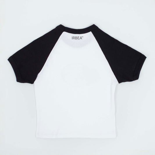 I'D RATHER BE EATING BASS CROP TEE flat lay, back: plain white with black raglan sleeves, "IRBEA" below the collar