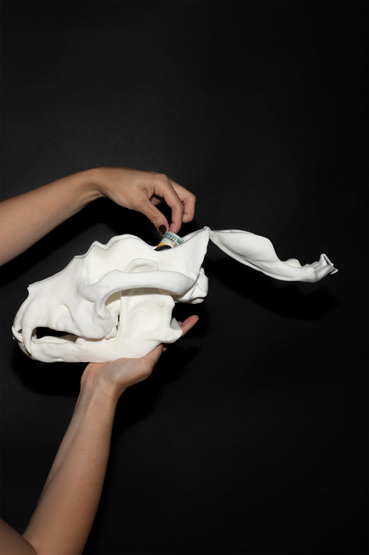 BITE BAG held in two hands with the top compartment lid flipped open, a hand slipping in a small item