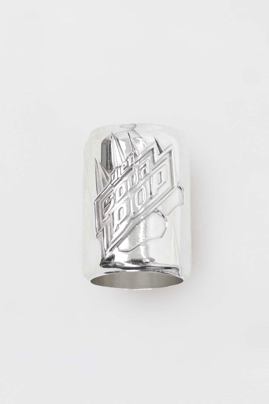DIET SODA POP CAN RING on white, front: polished silver can with embossed "diet soda pop" logo