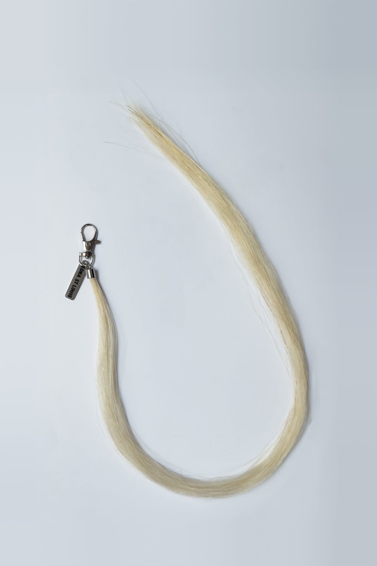 HORSE HAIR MULTI CHARM (BUTTERMILK): long buttermilk horse hair tassel curving from a silver lobster clip, top view