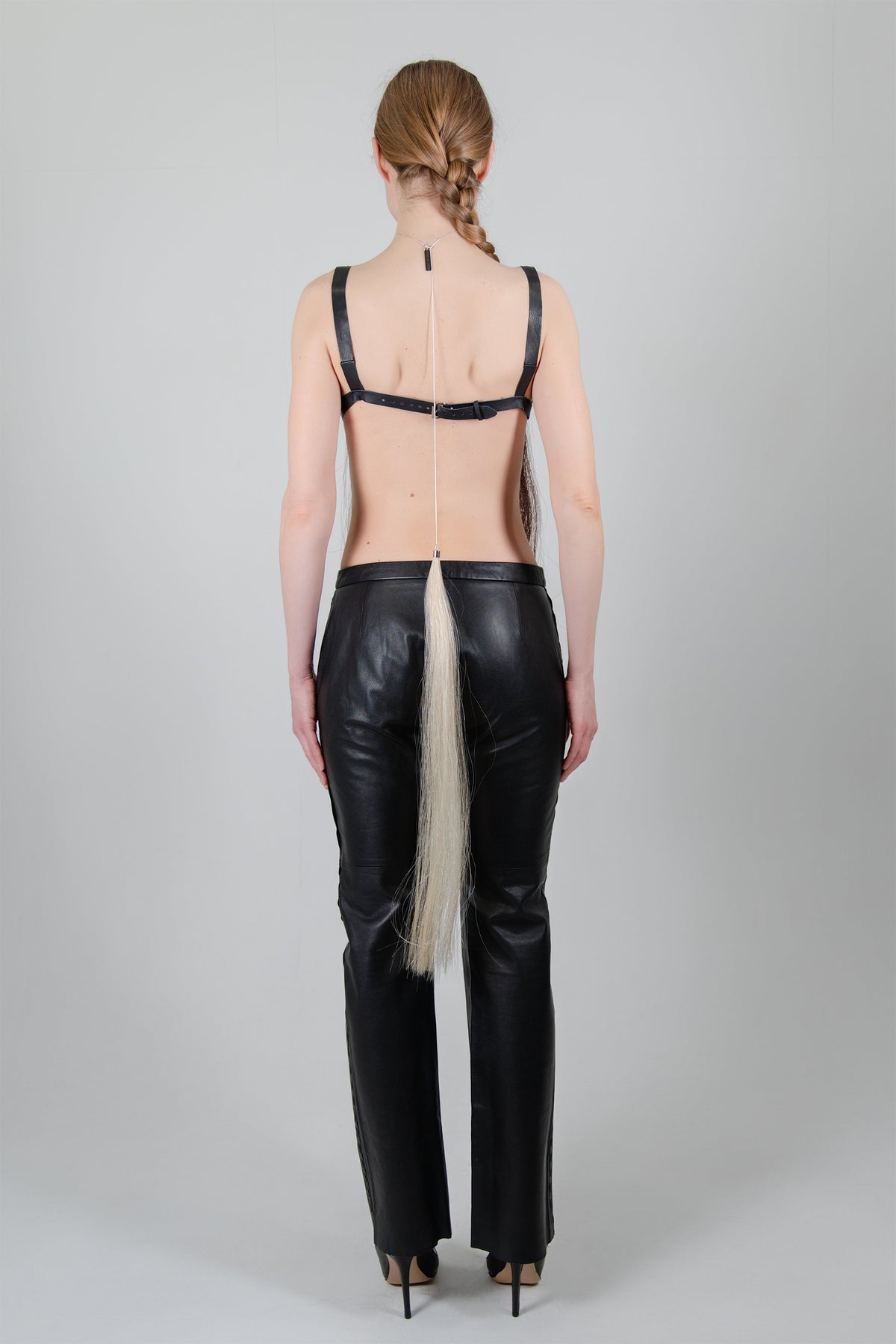 HORSE HAIR REVERSE NECKLACE (BUTTERMILK), full-length back view on a model in black trousers and heels