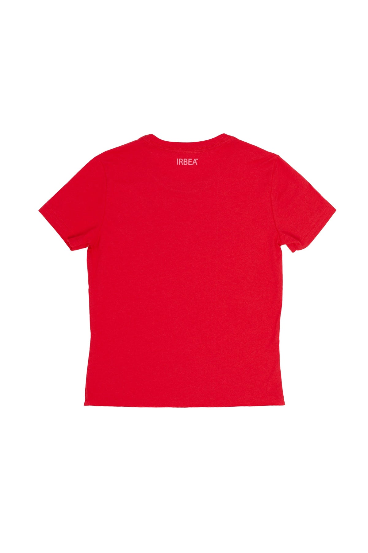 I'D RATHER BE EATING ASS T-SHIRT laid flat, back: plain red with a small pink "IRBEA" print at the neck