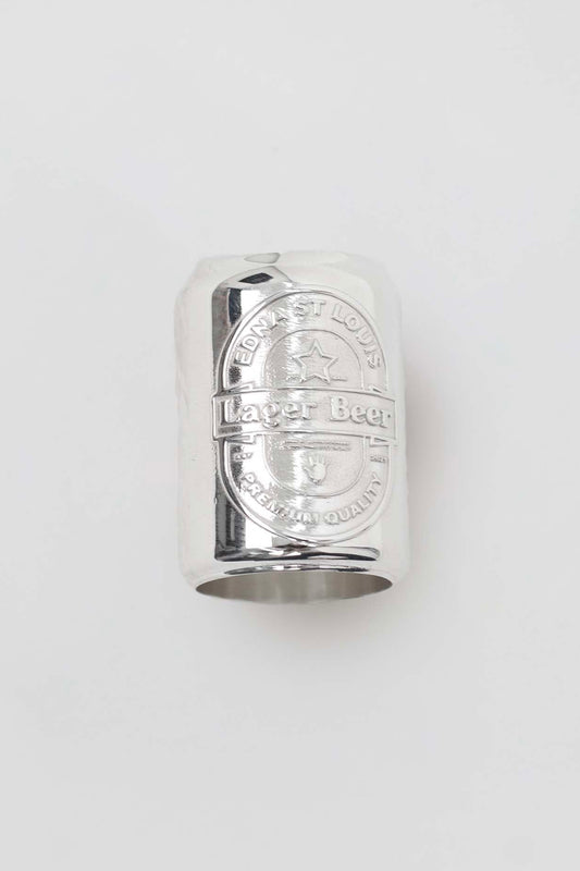 LAGER BEER CAN RING on white, front: polished silver can with embossed "EDNA ST LOUIS" and "Lager Beer" label