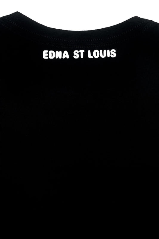 SCUBA BRA T-SHIRT back neck close-up: white EDNA ST LOUIS logo on black cotton