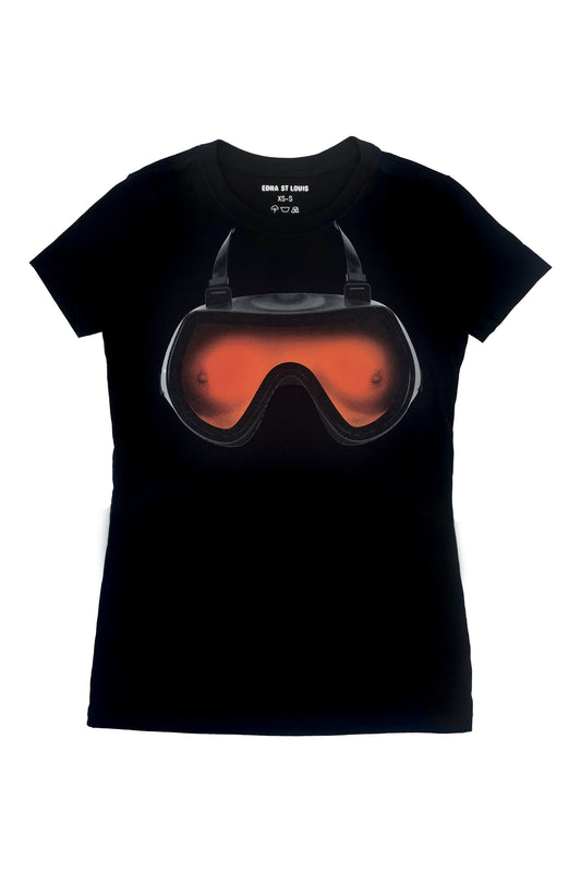 SCUBA BRA T-SHIRT front, flat on white: black crew neck tee with scuba mask print