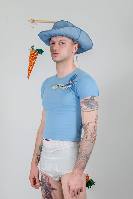 SWALLOW T-SHIRT, three-quarter view on a model with white briefs and a blue cowboy hat dangling a beaded carrot on a stick