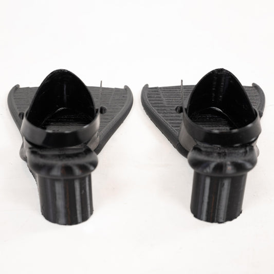 SCUBA HEELS, rear view of the pair: black wedge heels and heel cups, with the fins visible beyond