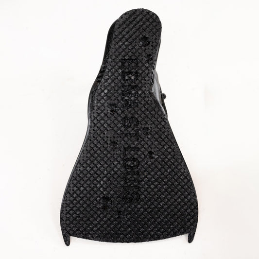 SCUBA HEELS, sole view: textured black fin sole embossed "EDNA ST LOUIS"
